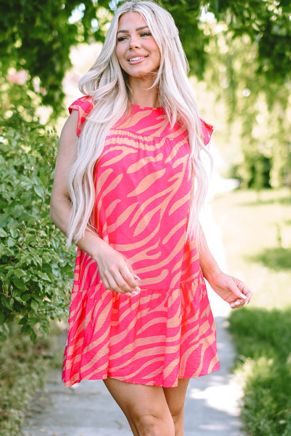 Pink Zebra Stripe Printed Ruffle Trim Pocketed Dress Dresses/Mini Dresses Luxurious Weddings