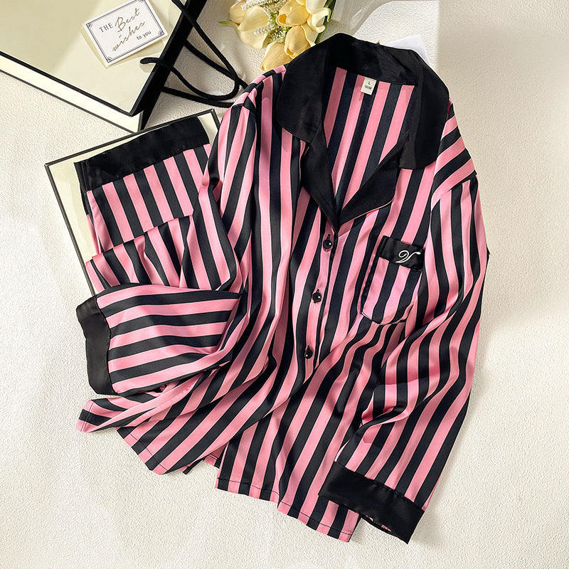 Super Soft Forged Four-sided Elastic Striped Home Wear Suit in pink and black, ideal for casual comfort at home.