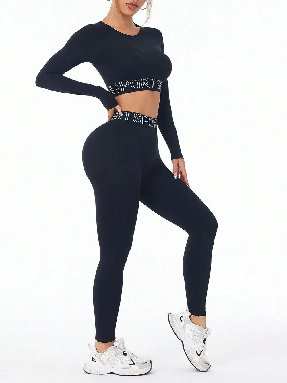 Affordable activewear two-piece set featuring a black letter print round neck long sleeve top and leggings.