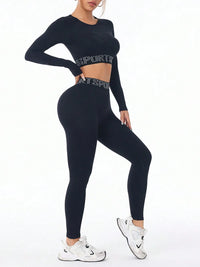 Affordable activewear two-piece set featuring a black letter print round neck long sleeve top and leggings.