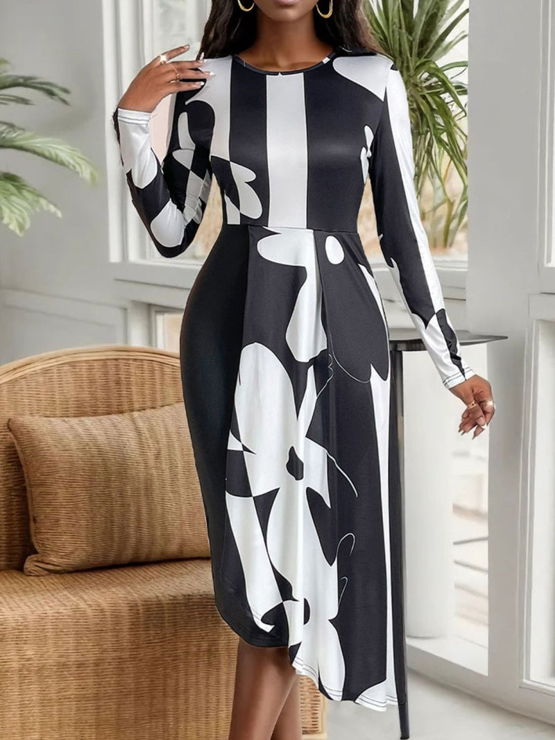 Perfee Asymmetrical Slit Round Neck Long Sleeve Midi Dress Midi Dress Luxurious Weddings