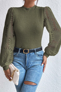 Jungle Green Sunflower Mesh Bubble Sleeve Waffle Knit Top Tops/Long Sleeve Tops Luxurious Weddings