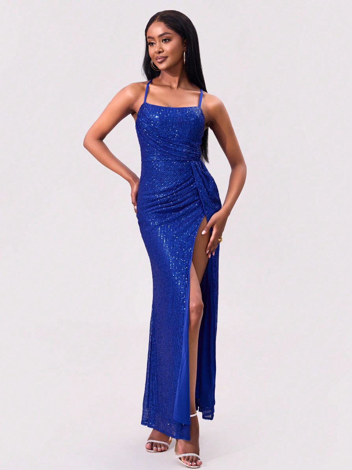 Slit Sequin Square Neck Spaghetti Strap Dress Dresses/Sequin Dresses Luxurious Weddings