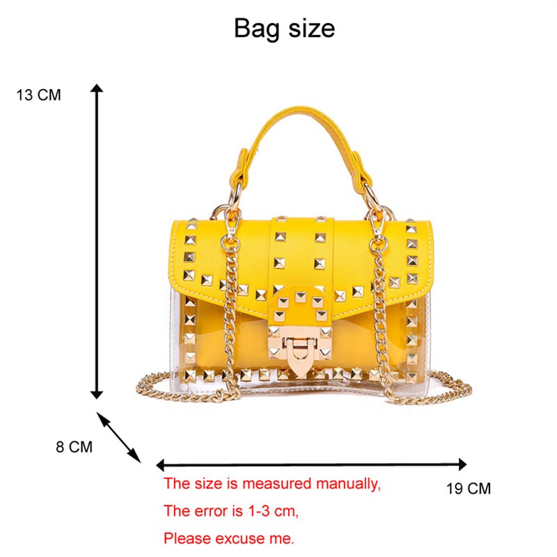 Yellow studded handbag dimensions: 19cm x 8cm x 13cm, featuring a chic design for luxurious weddings.