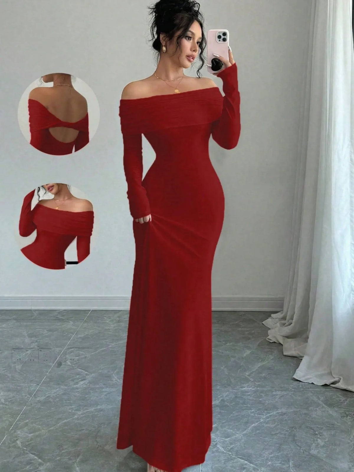Red off-shoulder long sleeve bodycon maxi dress with backless design, perfect for luxurious weddings.