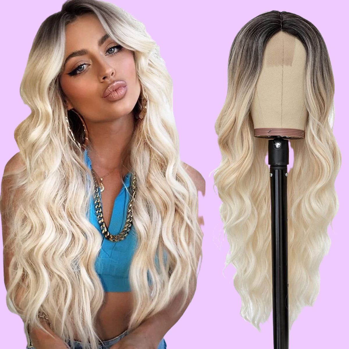 a blonde wig with long wavy hair