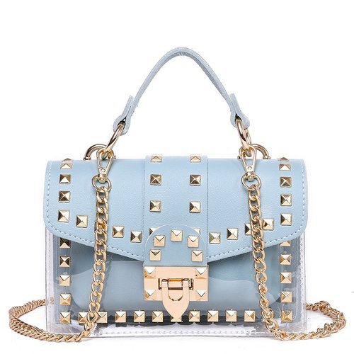 Elegant blue handbag with studs and chain strap, perfect for luxurious weddings and stylish occasions.