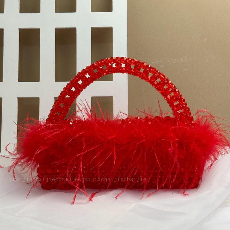 Pearl bead bag with Ostrich feather fur designer Purse Handbags Luxurious Weddings