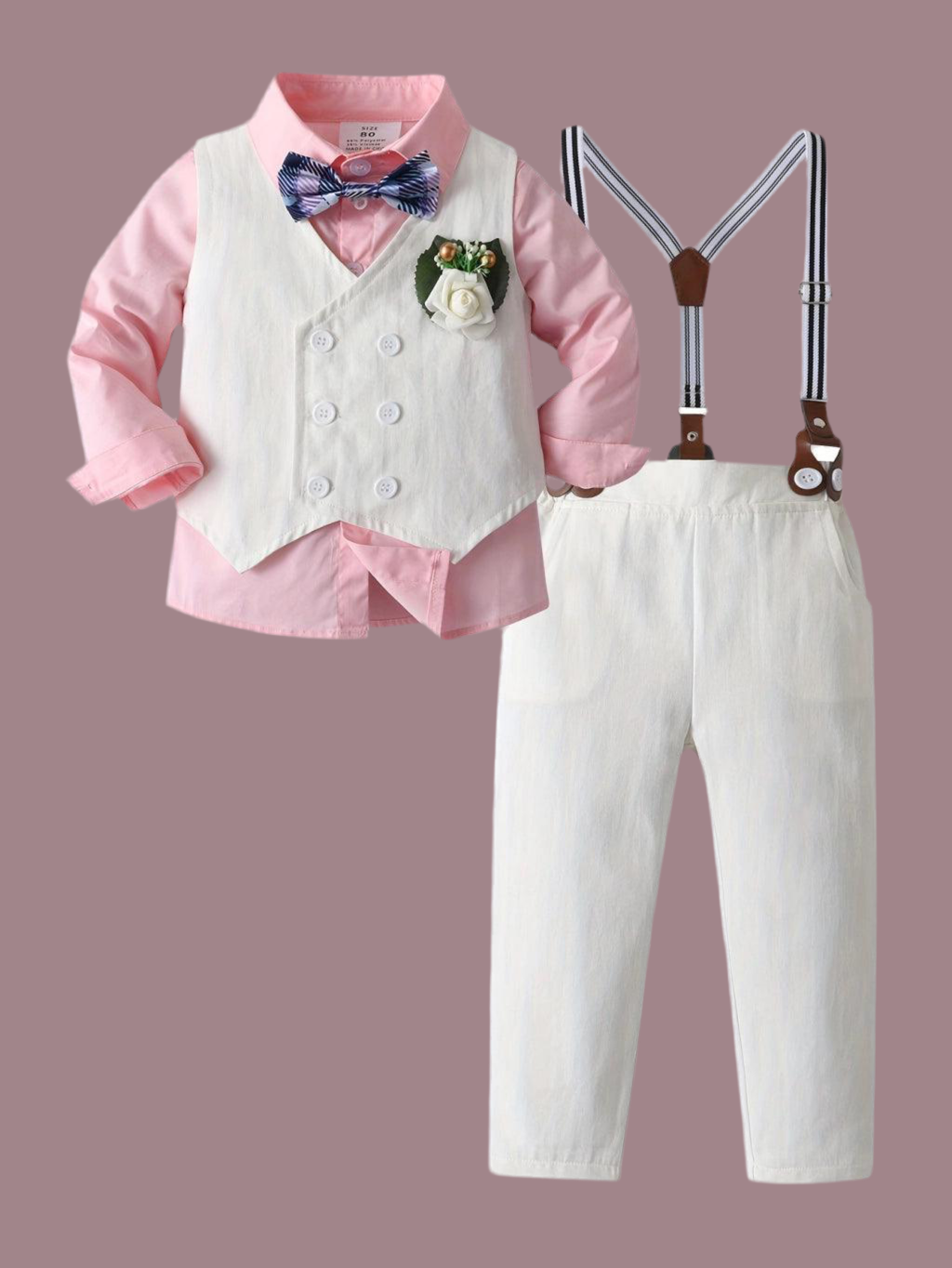 Formelles Outfit-Set für Jungen – Langarm, Blättermuster, Fliege, Weste