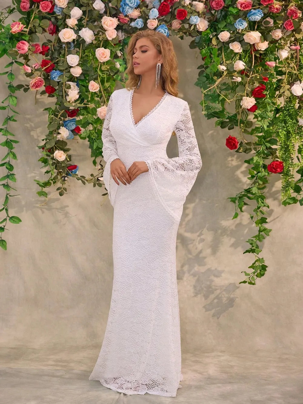 Lace Surplice Flare Sleeve Maxi Dress wedding dress Luxurious Weddings