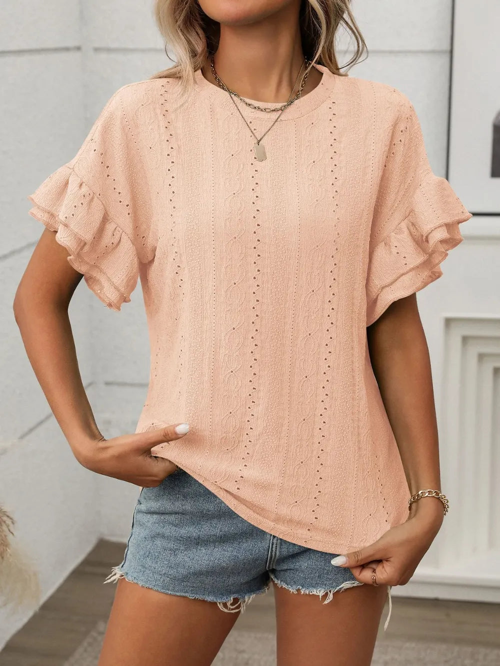 Eyelet Round Neck Flounce Sleeve Top Blouses Luxurious Weddings