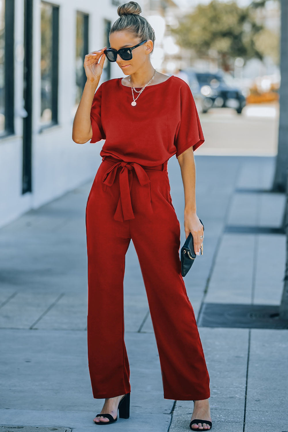 Fiery Red Belted Wide Leg Jumpsuit Bottoms/Jumpsuits & Rompers Luxurious Weddings