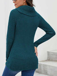 Plus size teal textured turtleneck sweater with a decorative collar, showcasing back view and stylish design.