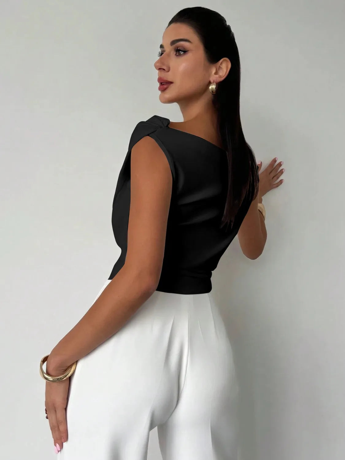 Asymmetrical Ruched Short Sleeve Top Luxurious Weddings