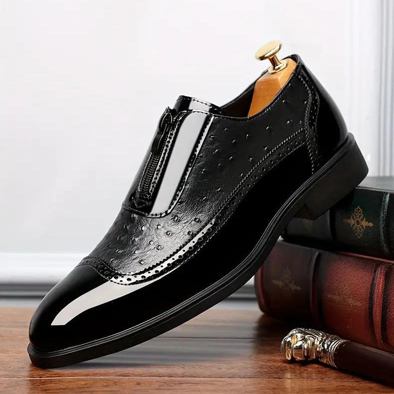 Luxurious ostrich grain embossed pointed leather shoes for formal occasions, ideal for weddings.