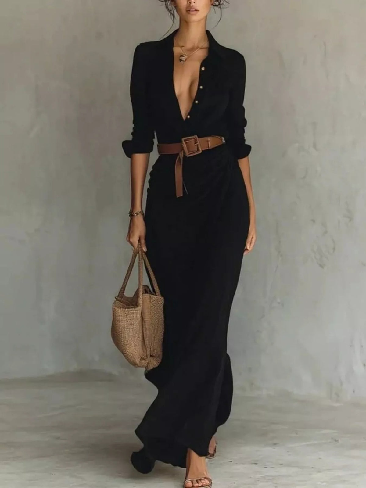 Full Size Ruched Long Sleeve Maxi Dress Plus Size in black with belt, showcasing a stylish, buttoned design.
