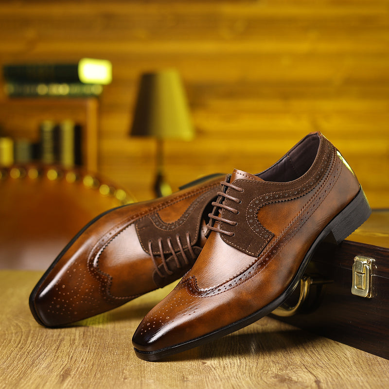 Men's vintage leather shoes in rich brown, showcasing refined design ideal for luxurious weddings and stylish occasions.