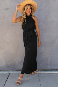 Black Halter Neck Pleated Wide Leg Jumpsuit with Belt Bottoms/Jumpsuits & Rompers Luxurious Weddings