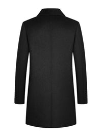 Back view of a men's plus size button up long sleeve coat in black, showcasing a sleek design and tailored fit.