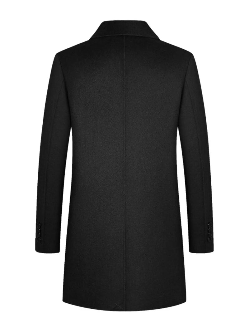 Back view of a men's plus size button up long sleeve coat in black, showcasing a sleek design and tailored fit.