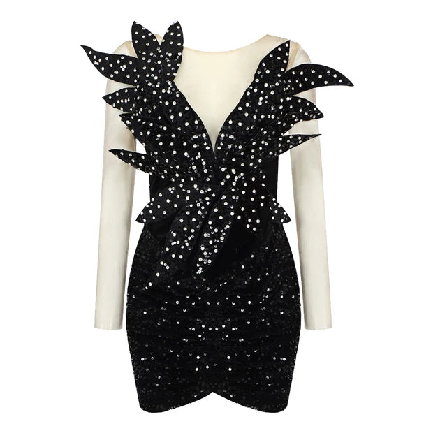 Sequins Velvet Mini Dresses Patchwork Long Sleeve Cocktail Black Dress Luxurious Weddings