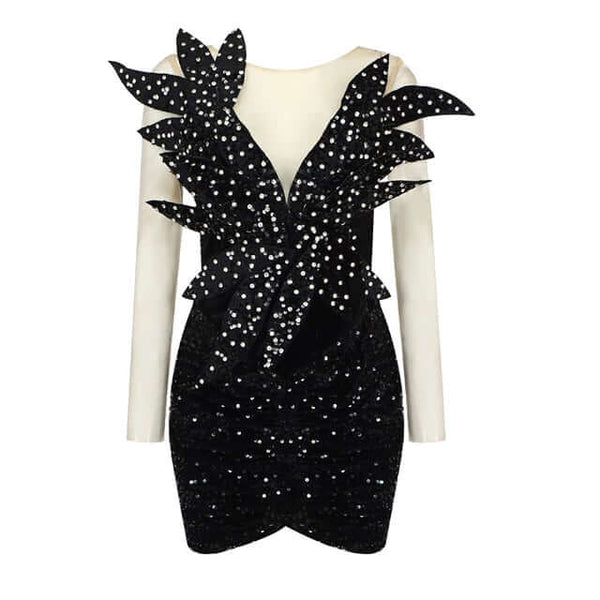 Sequins Velvet Mini Dresses Patchwork Long Sleeve Cocktail Black Dress Cocktail dress Luxurious Weddings