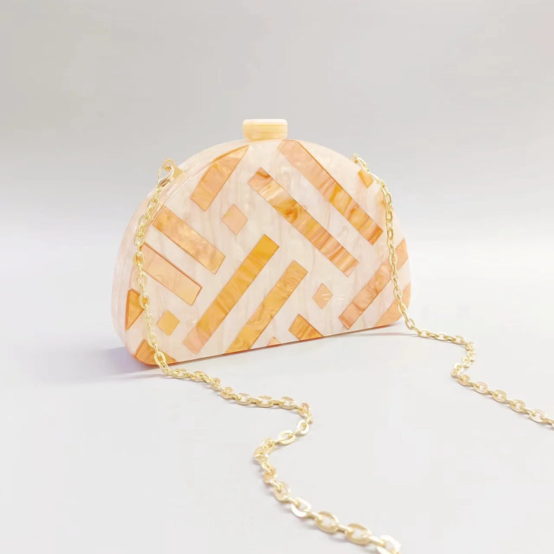 Half Room Geometric Pearl Acrylic Box Clutch with gold chain, perfect for luxurious weddings, size 20x13x4.5cm.