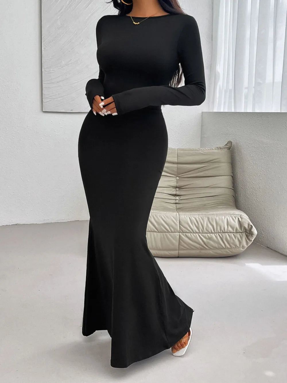 Devine Backless Round Neck Long Sleeve Maxi Dress wedding dress Luxurious Weddings