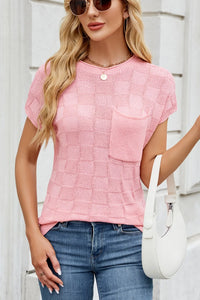 Checkered Round Neck Short Sleeve Knit Top Sweater Luxurious Weddings
