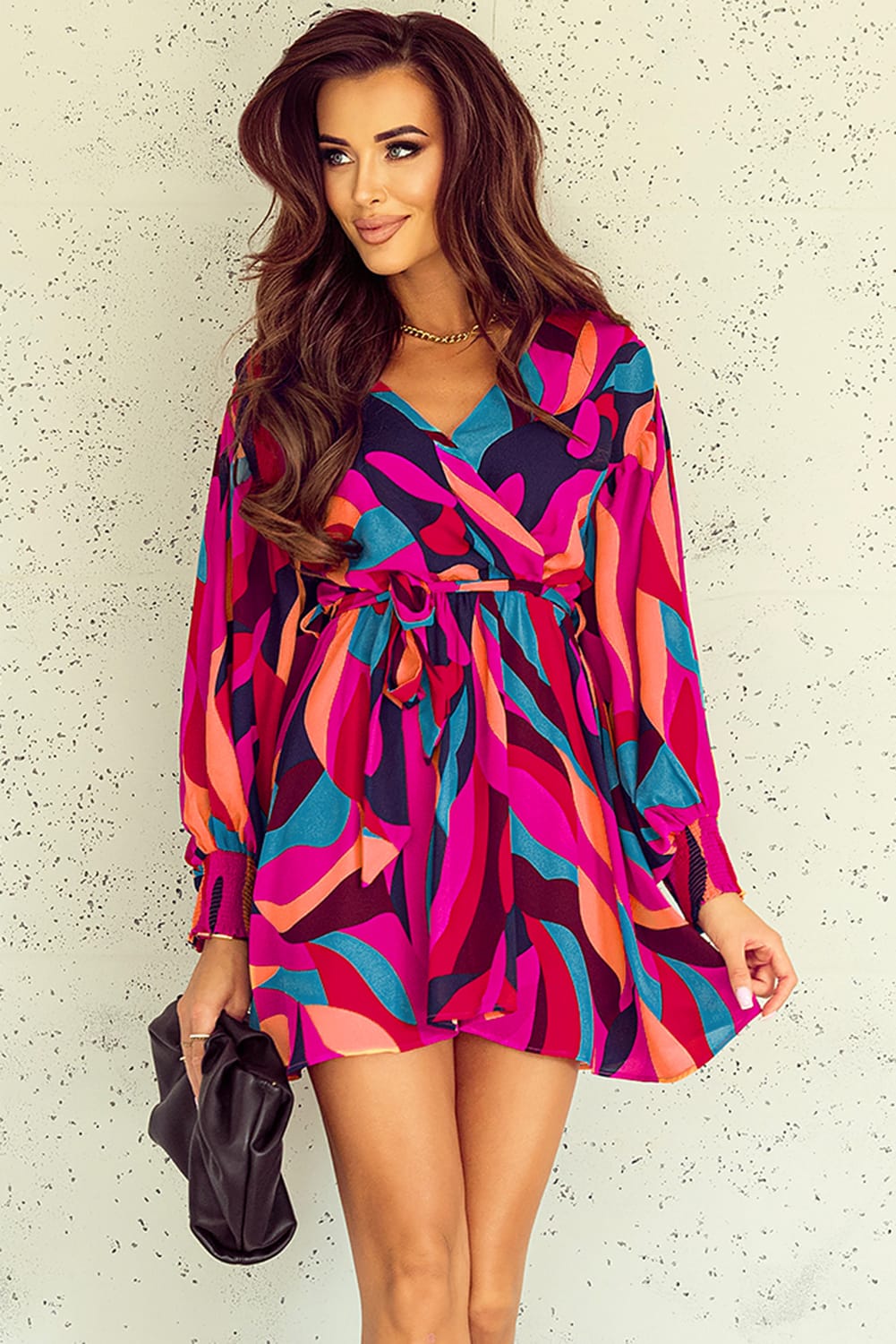 Fiery Red Abstract Printed Belted Puff Sleeve Mini Dress