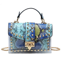 Luxurious women's handbag in blue and green snakeskin with studs, perfect for elegant weddings.