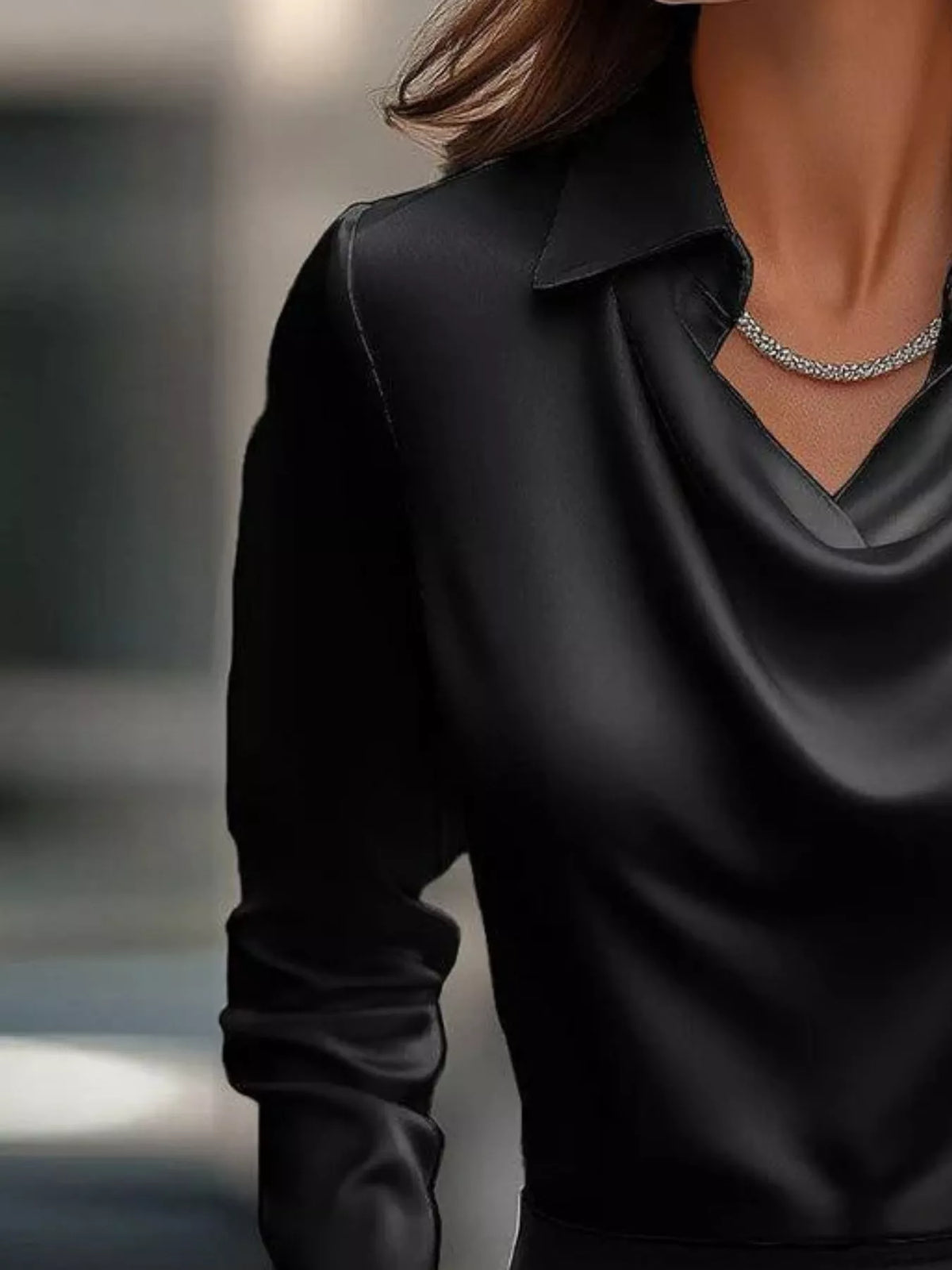 Ruched Long Sleeve Drape Collar Blouse featuring a stylish drape collar and elegant black fabric.