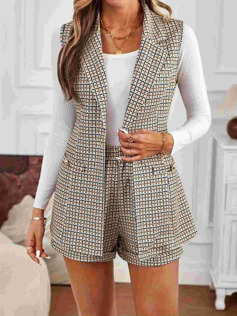 Tied Plaid Collared Neck Vest and Shorts Set Matching Sets Luxurious Weddings