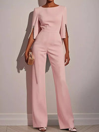 Wide-Leg Jumpsuit with Slit Sleeve in soft pink, featuring stylish slit sleeves and a chic, basic design.