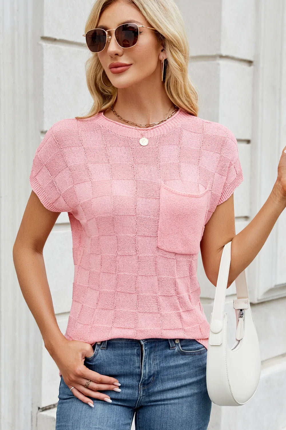 Checkered Round Neck Short Sleeve Knit Top Sweater Luxurious Weddings