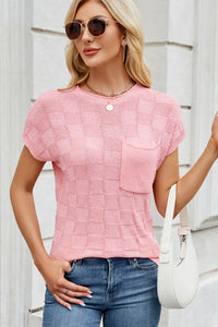 Checkered Round Neck Short Sleeve Knit Top Sweater Luxurious Weddings