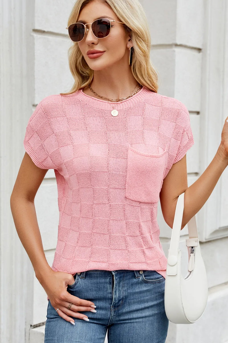 Checkered Round Neck Short Sleeve Knit Top Sweater Luxurious Weddings