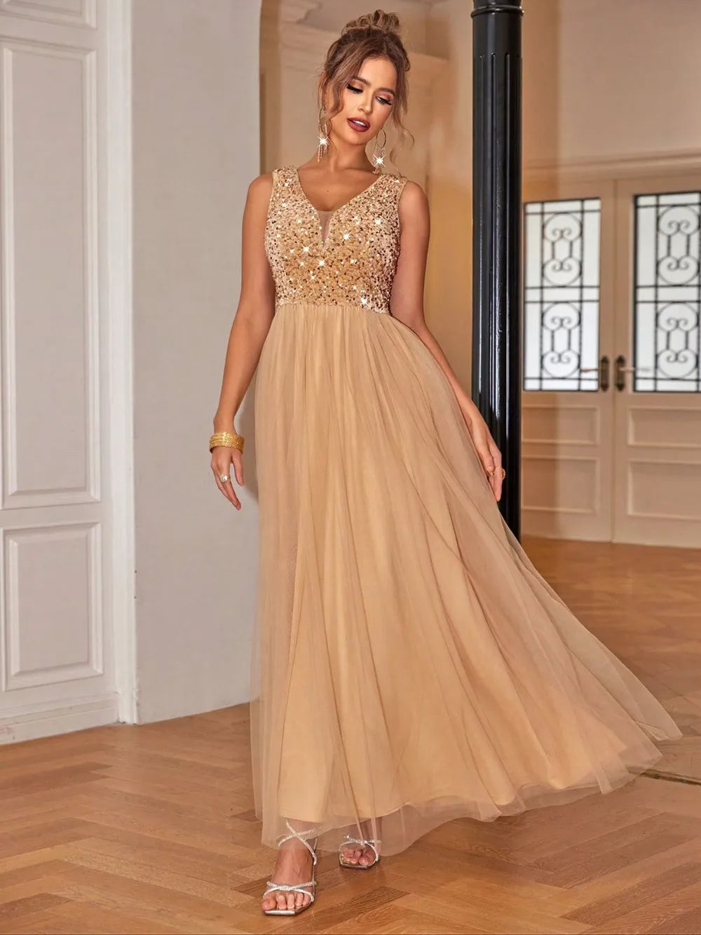 Sequin V-Neck Sleeveless Dress sequin dress Luxurious Weddings