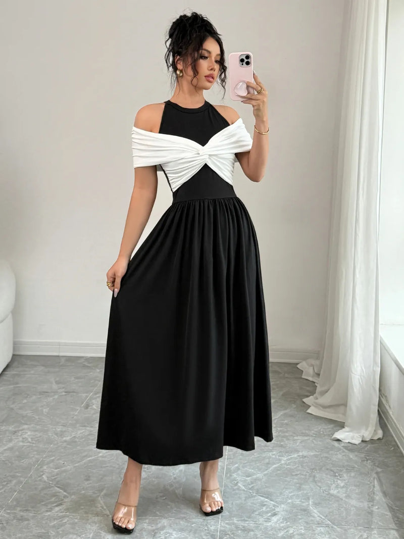 Twisted Contrast Cold Shoulder Midi Dress Mother of the Bride Luxurious Weddings