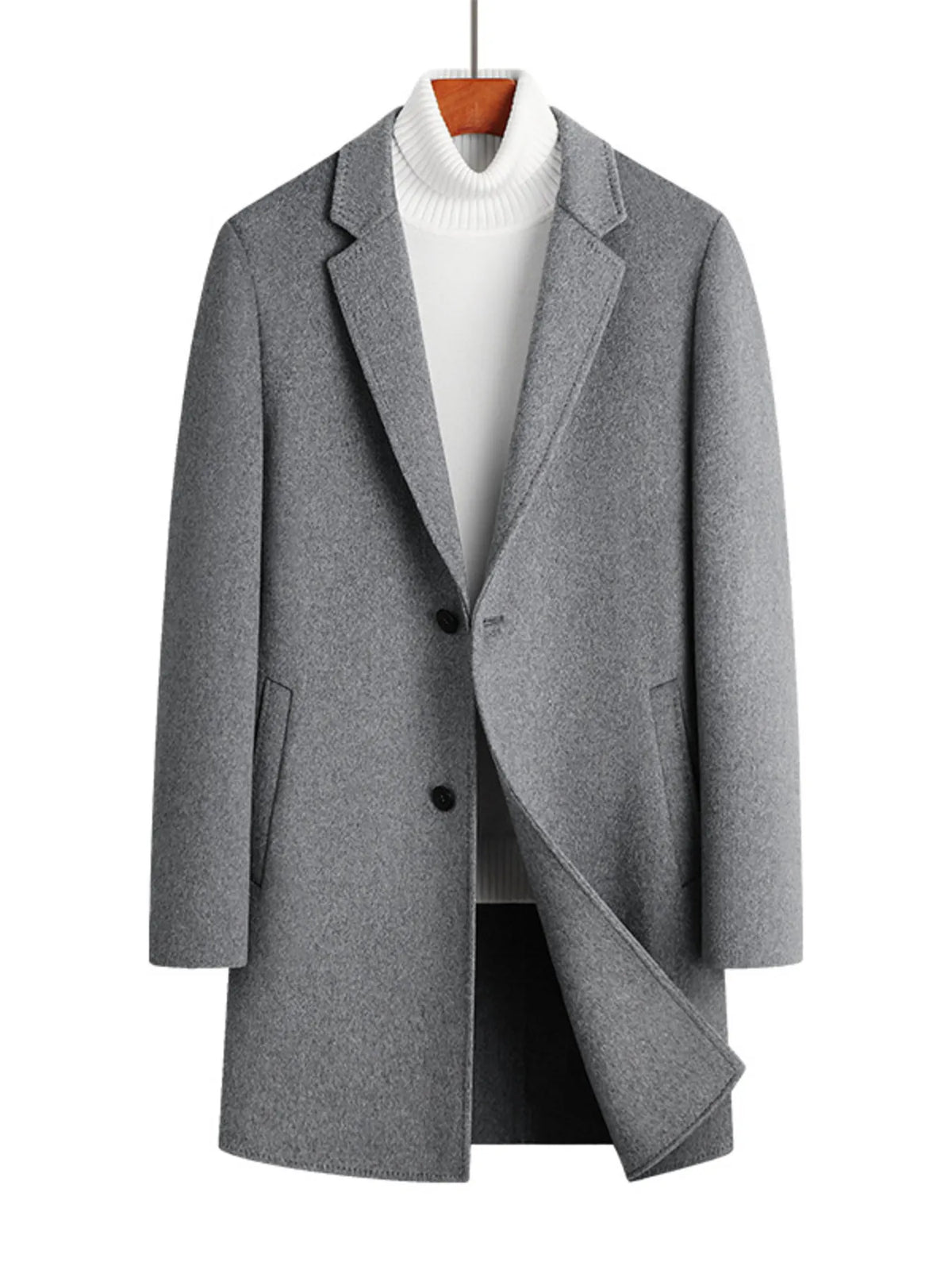 Men's plus size button up long sleeve coat in gray wool blend, featuring two side pockets and a classic notch lapel.