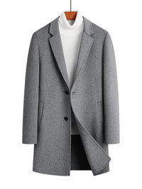 Men's plus size button up long sleeve coat in gray wool blend, featuring two side pockets and a classic notch lapel.