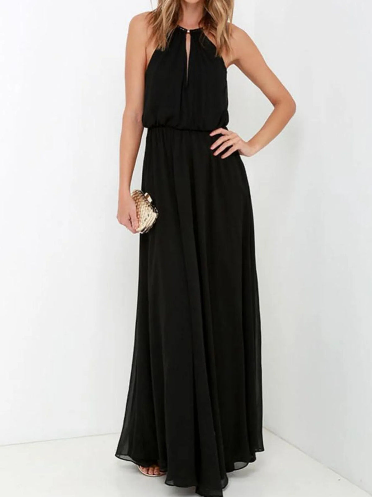 Pleated sleeveless maxi tank dress in black, elegant design for affordable formal wear in NZ.