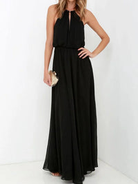 Pleated sleeveless maxi tank dress in black, elegant design for affordable formal wear in NZ.