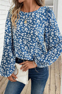 Blue Ditsy Floral Print Lantern Sleeve Blouse Tops/Blouses & Shirts Luxurious Weddings