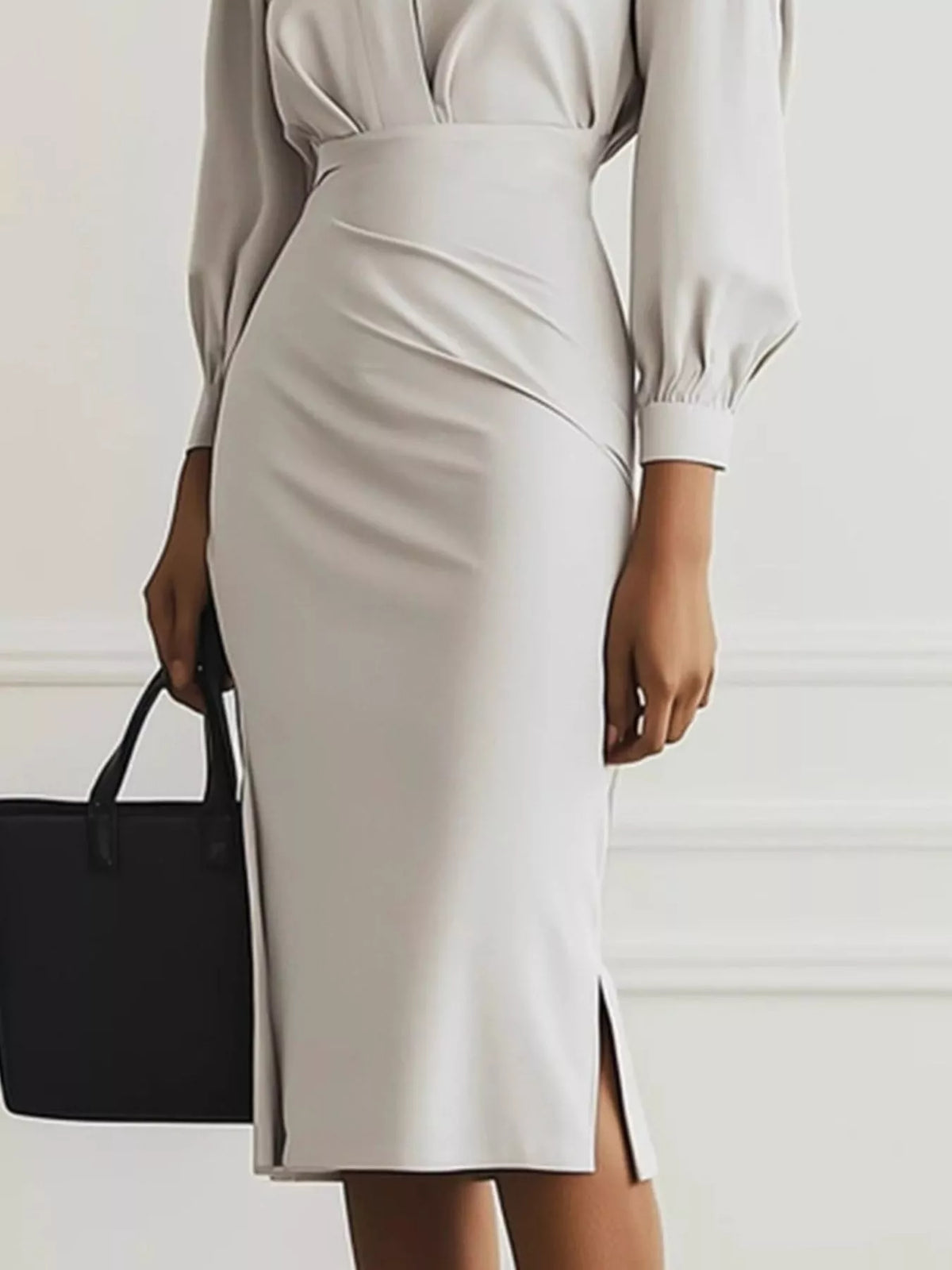 Ruched Midi Shirt Dress with Side Slit shown in light gray, featuring a stylish slit and fitted design.