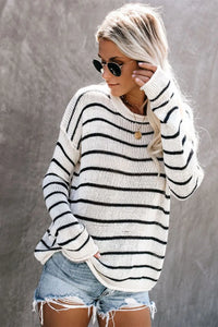 Striped Round Neck Drop Shoulder Sweater Sweater Luxurious Weddings