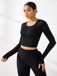 Model wearing a black round neck long sleeve active T-shirt, showcasing affordable activewear style.