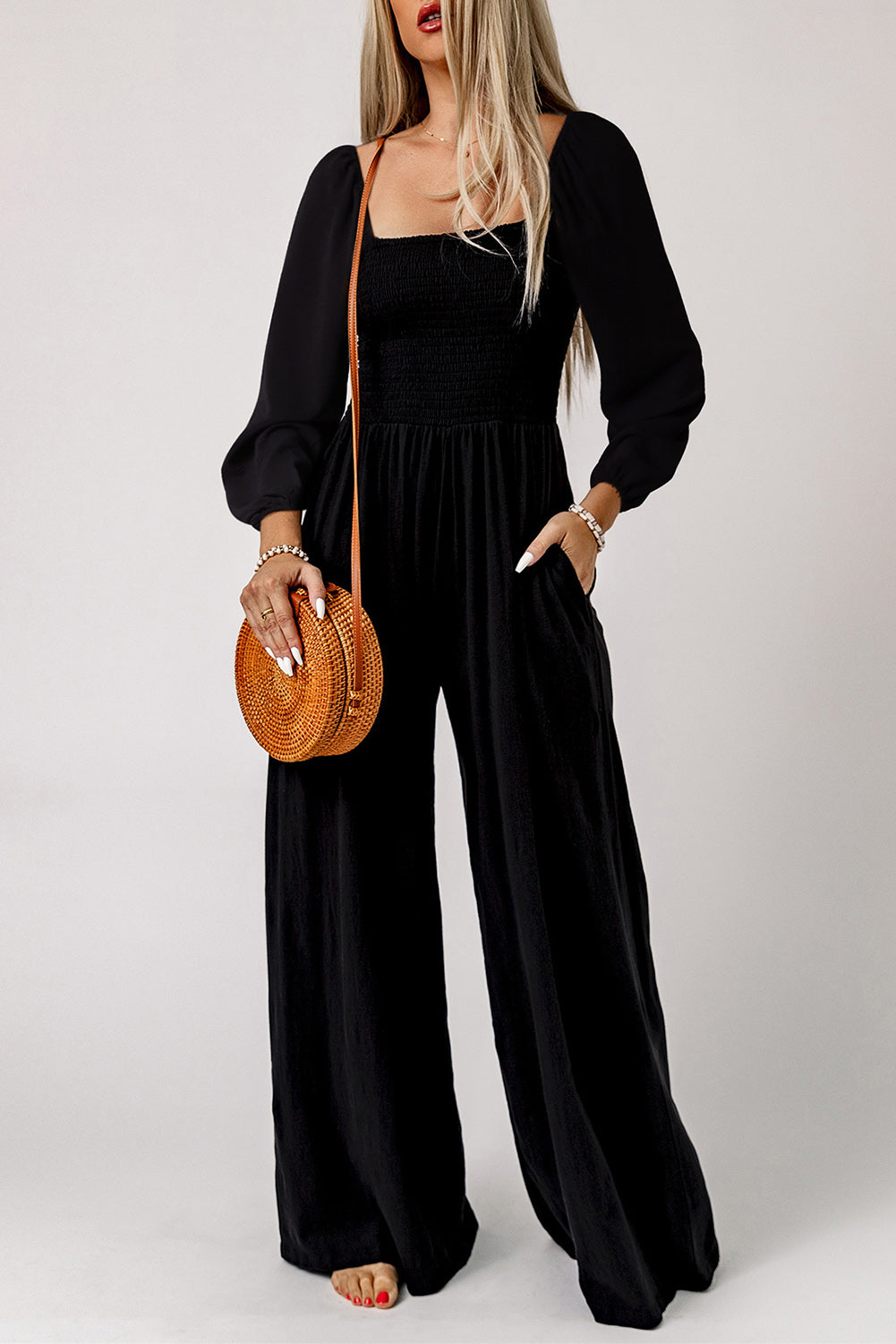 Black Smocked Square Neck Long Sleeve Wide Leg Jumpsuit