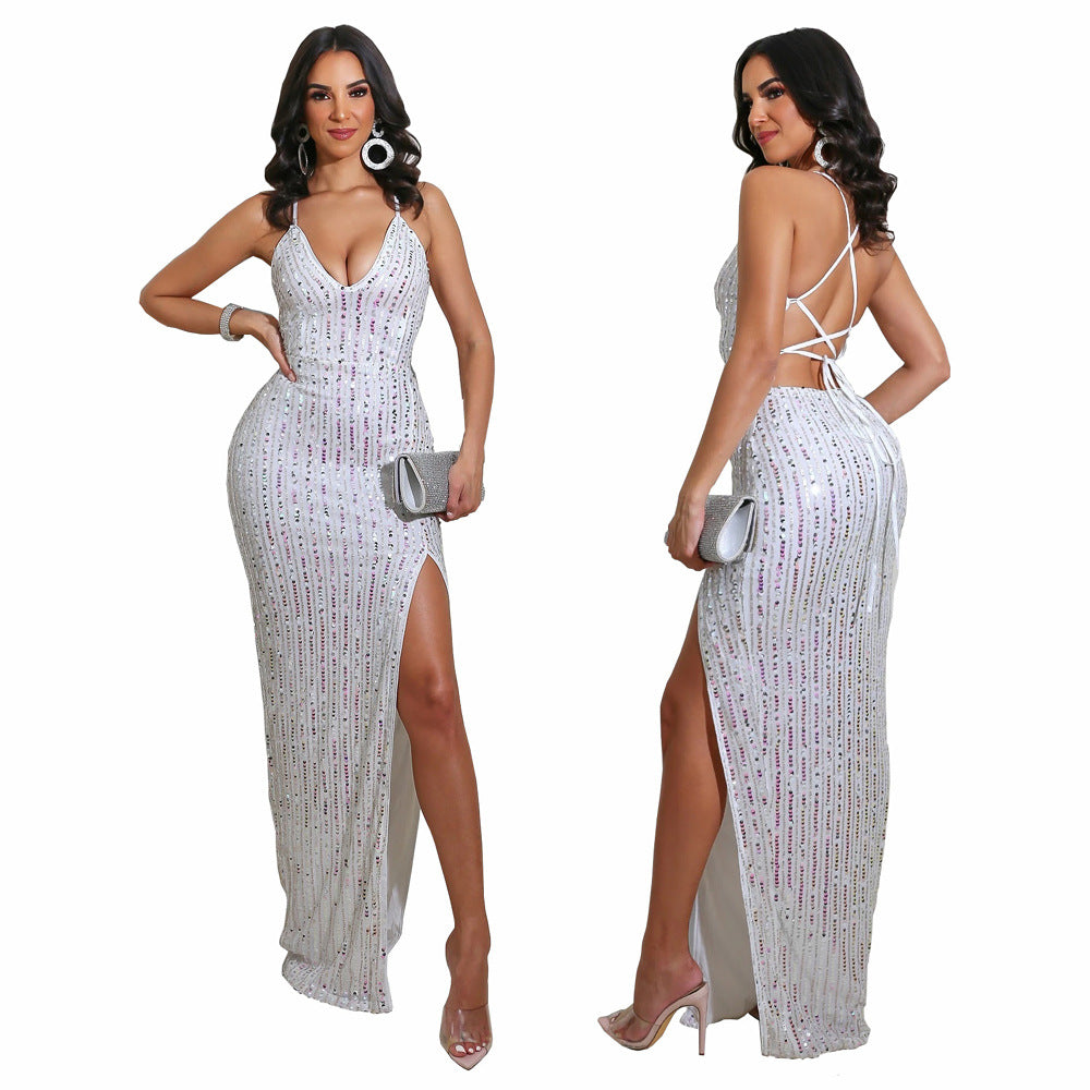 Backless Strap Slit Sequins Nightclub Party Dress