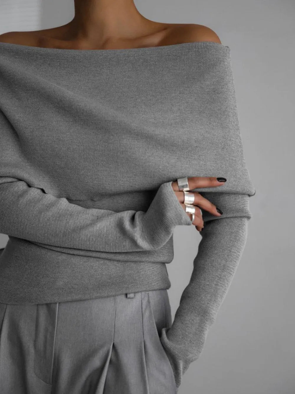 Off-Shoulder Long Sleeve Knit Top Sweater Luxurious Weddings